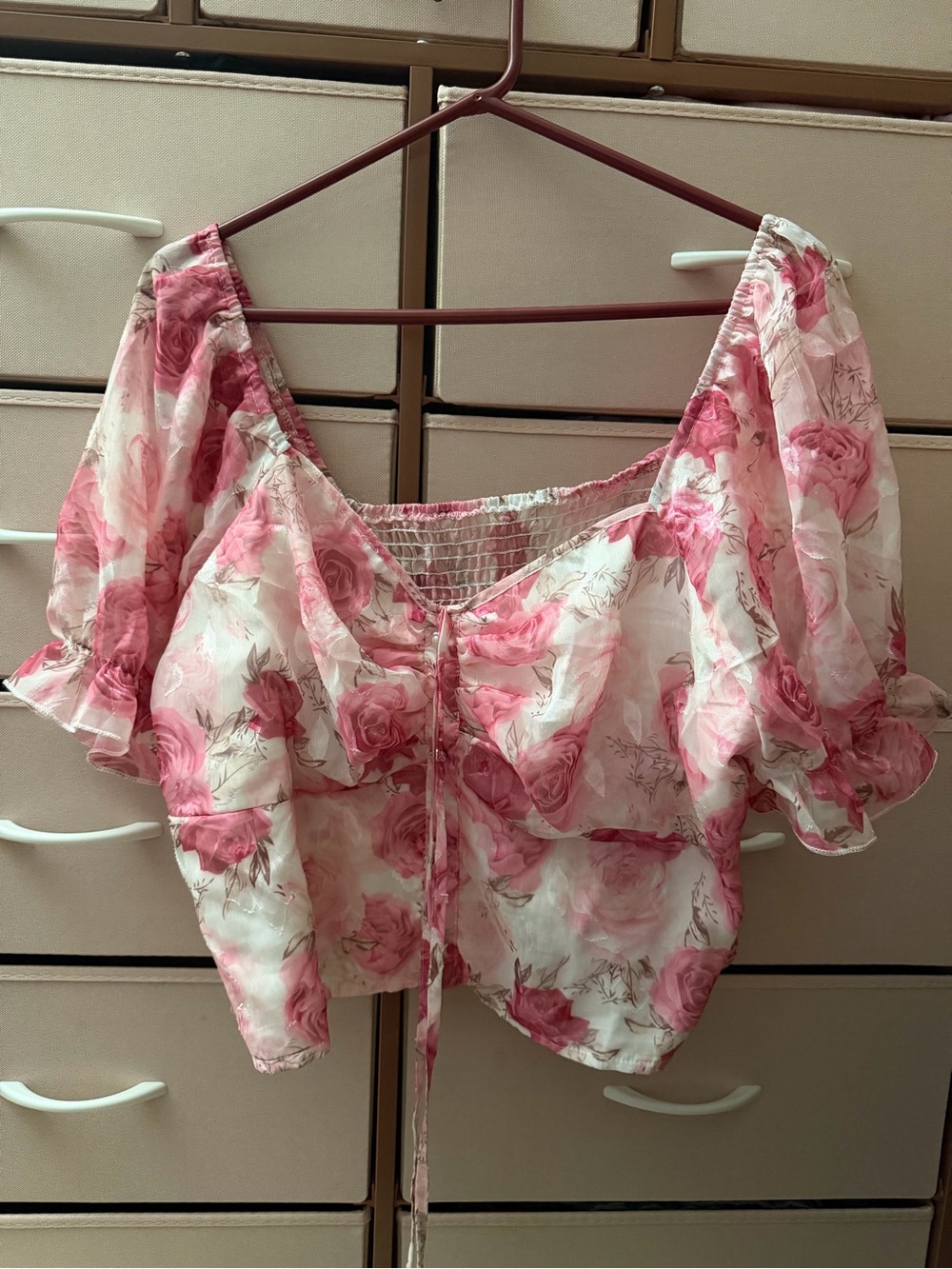 SHEIN Curve 4XL Pink Rose Puff Sleeve Crop Top Coquette